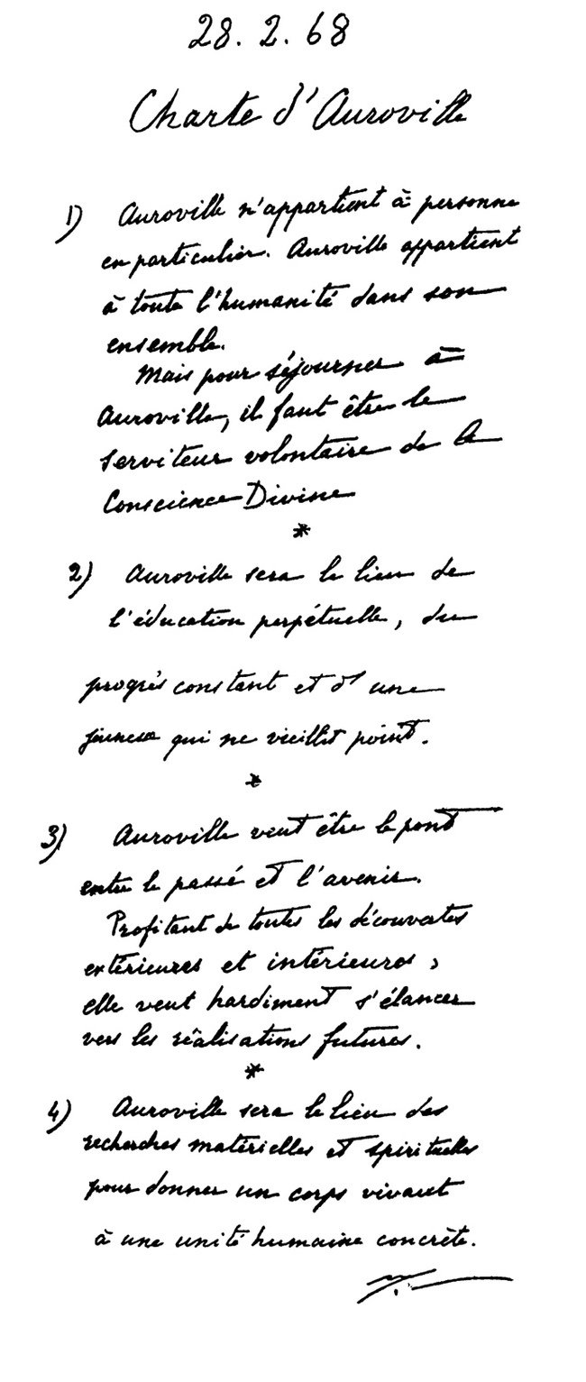 The Auroville Charter document handwritten by the Mother